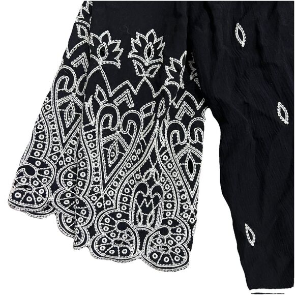SUNDANCE Palace Shift Midi Dress Black Bell Sleeve Embroidered Scallop Hem Small - Picture 11 of 14